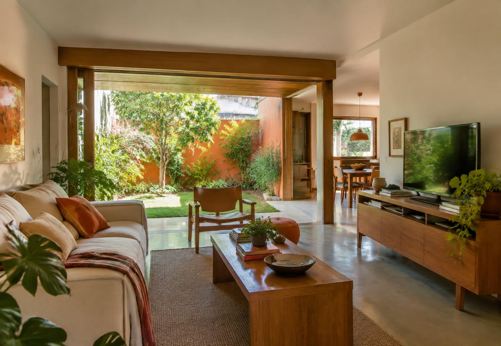 Sala de casa brasileira contemporânea aberta para o jardim